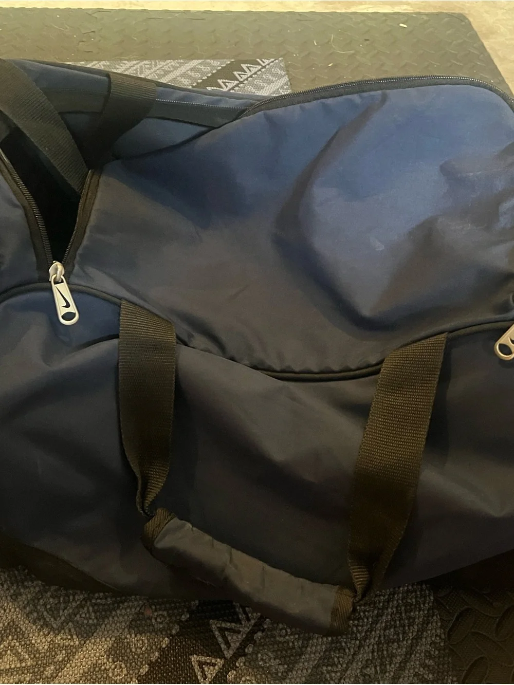 Nike Navy and Black Duffel Bag with White Swoosh